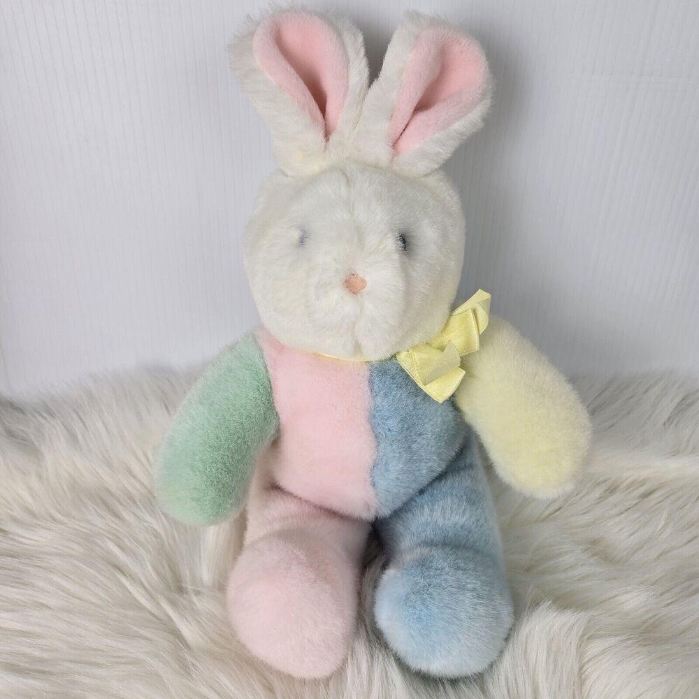 Vintage Eden Pastel Pink Blue Yellow Color Block Bunny Rabbit Plush 16"